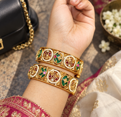 Heritage Minakari & Gemstone Gold-Plated Bangle Set